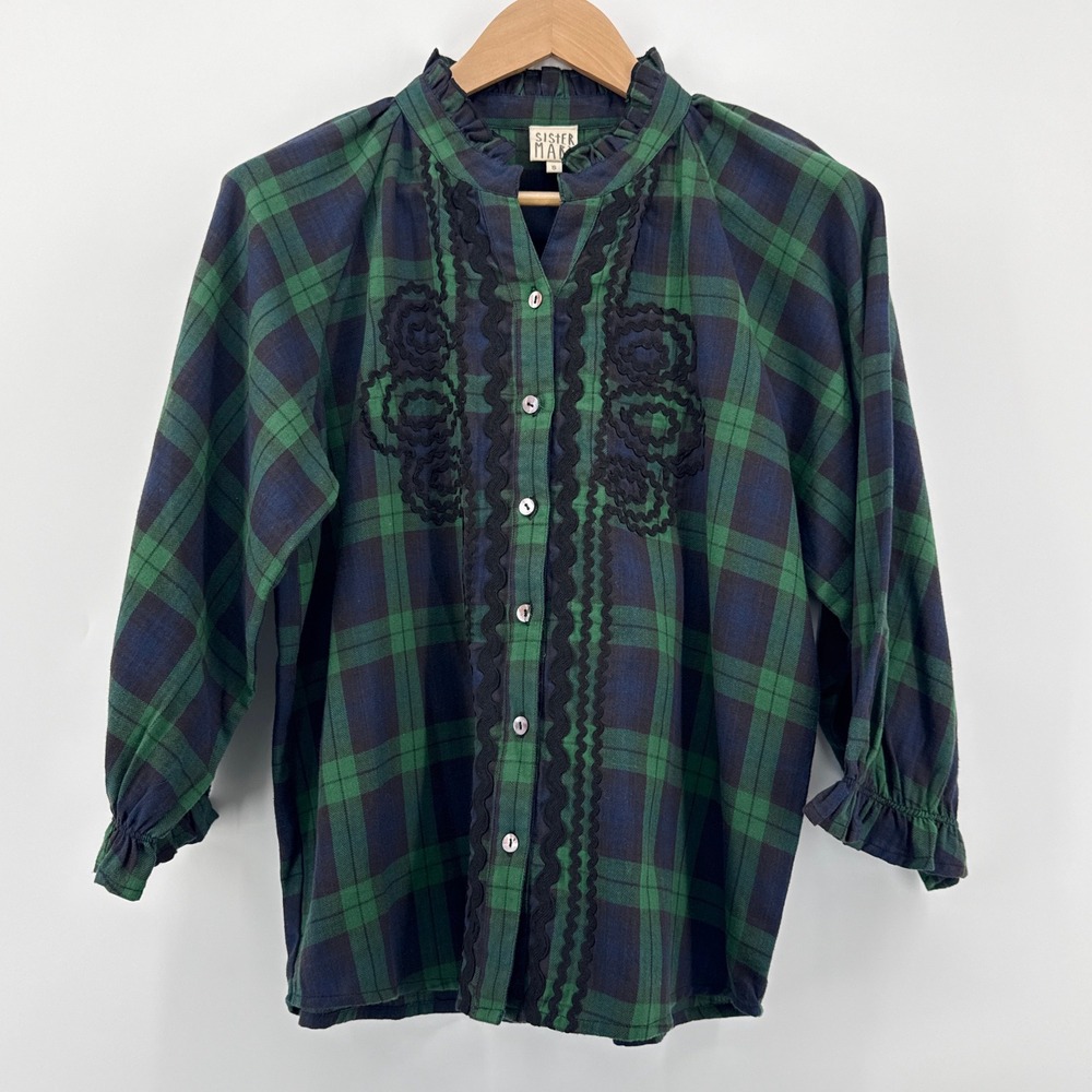 Sister Mary Rosa Plaid Trimmed Shirt Green Navy Ruffled Collar RicRac Size Small - Picture 3 of 12